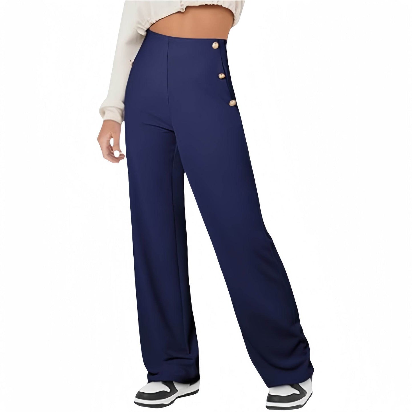 Women's Casual Straight Pants High Waist Button Dark Blue
