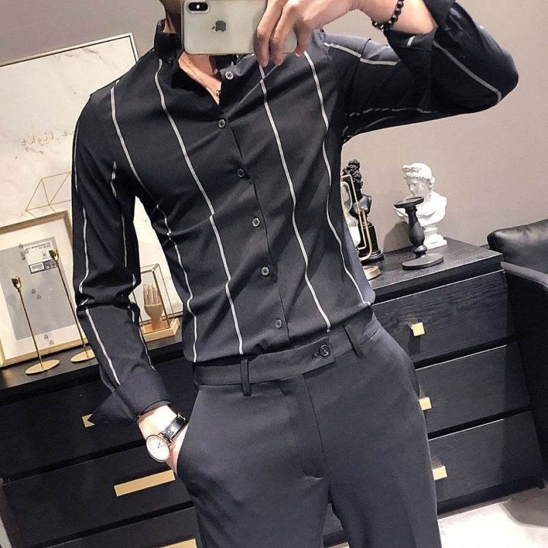 Men's Striped British-style Slim-fit Short-sleeved Shirt Black Long Sleeve