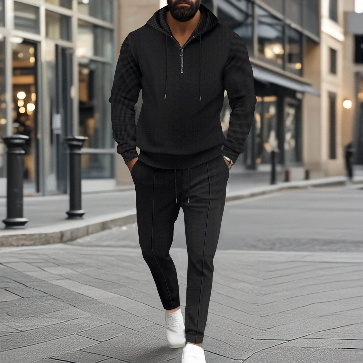 Waffle Hooded Small Zipper Casual Long Sleeve Pants Two-piece Suit Black