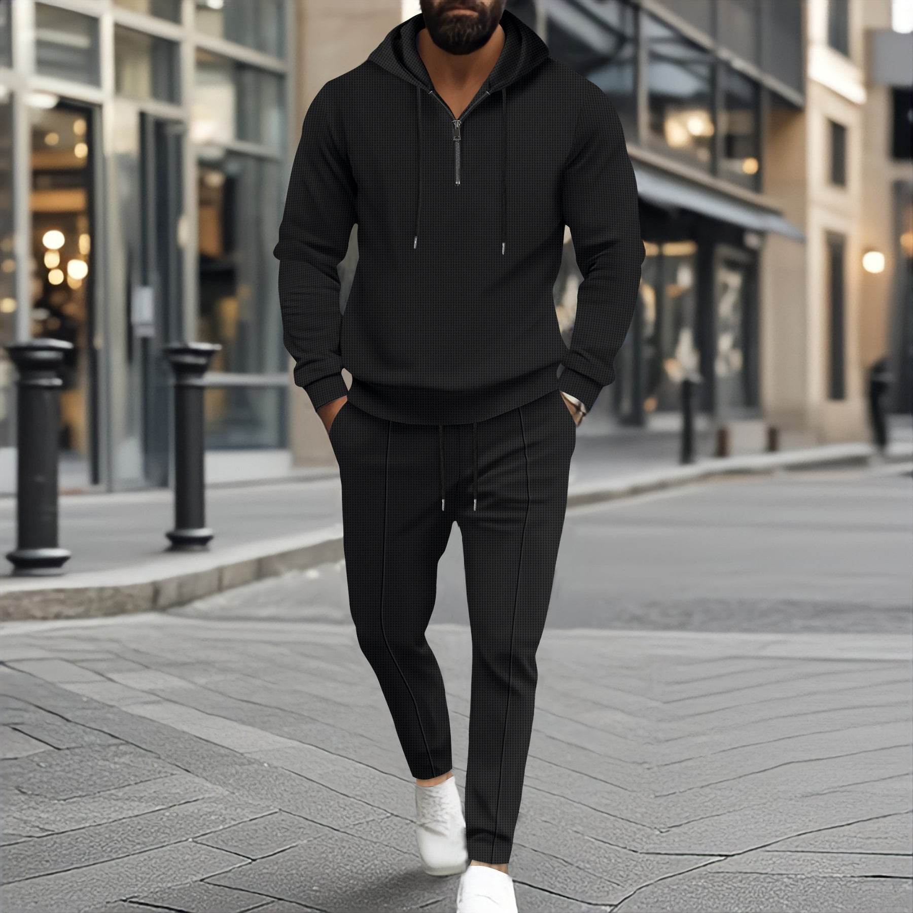 Waffle Hooded Small Zipper Casual Long Sleeve Pants Two-piece Suit Black