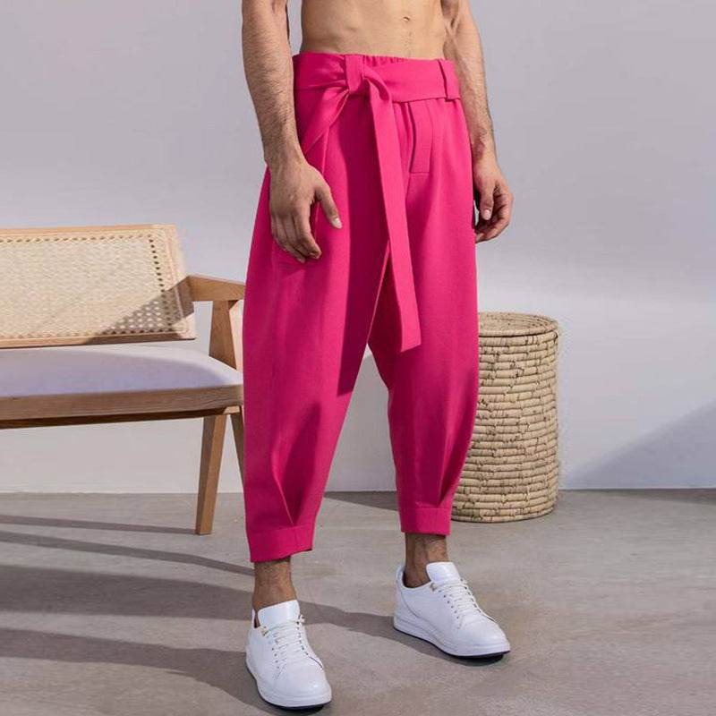 Men's Loose Solid Color Cropped Pants Belt Decoration European And American Pink