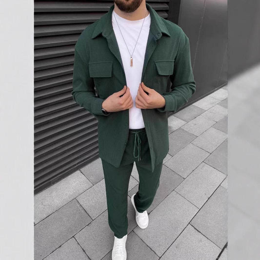 Men's Corduroy Long Sleeve Lapel Shirt Trousers Daily Casual Suit