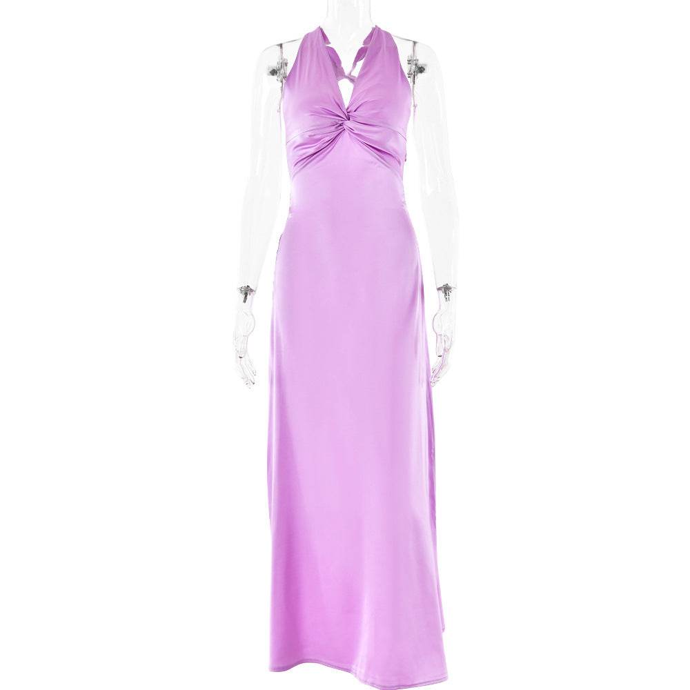 Fashion Sexy V-neck Lace Up Backless Maxi Dress Slim Fit Satin Dress Purple