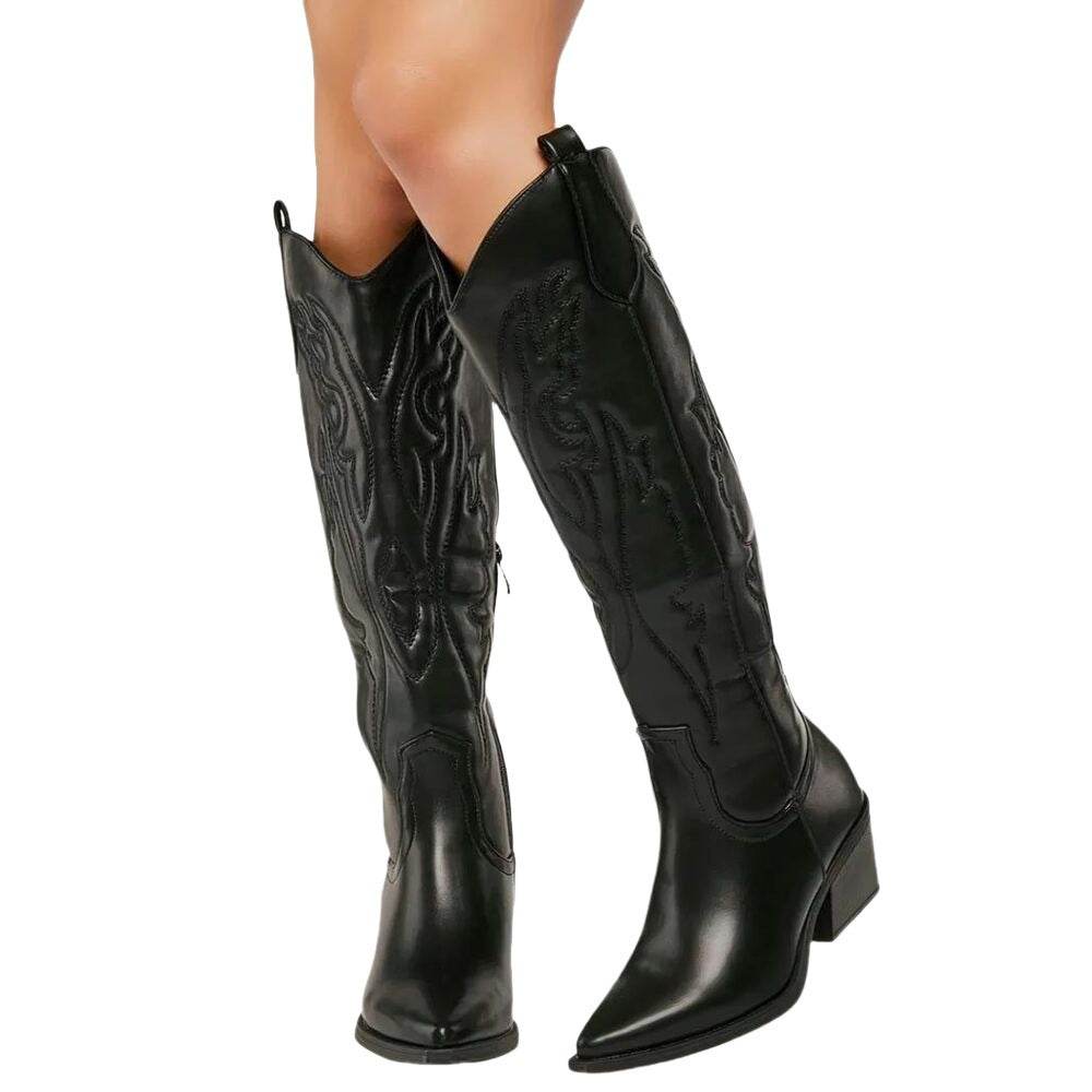 Women's Fashion Embroidered Pointed High Heel Cowboy Boot Black