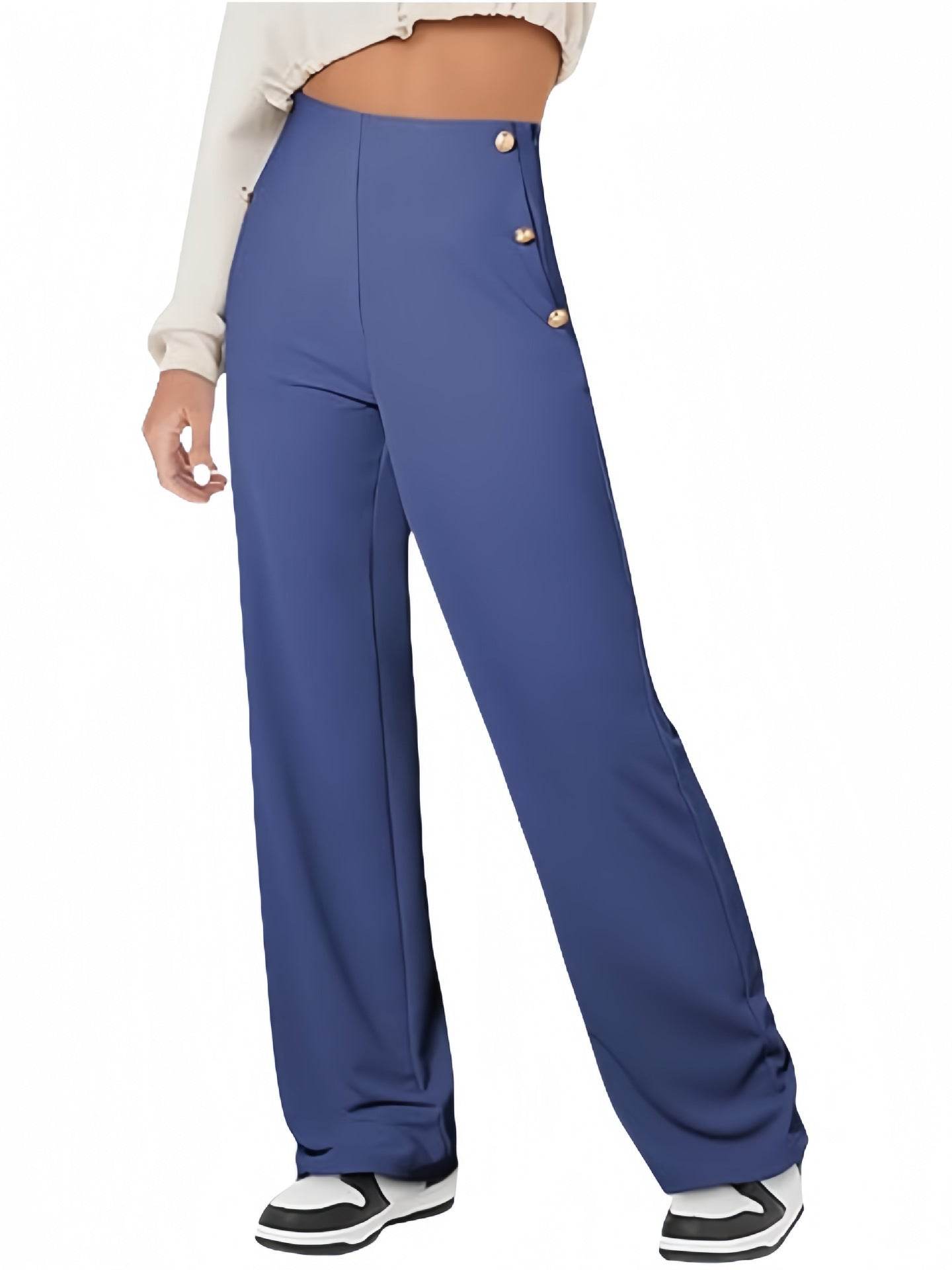 Women's Casual Straight Pants High Waist Button Sapphire Blue
