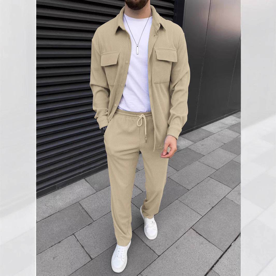 Men's Corduroy Long Sleeve Lapel Shirt Trousers Daily Casual Suit Khaki