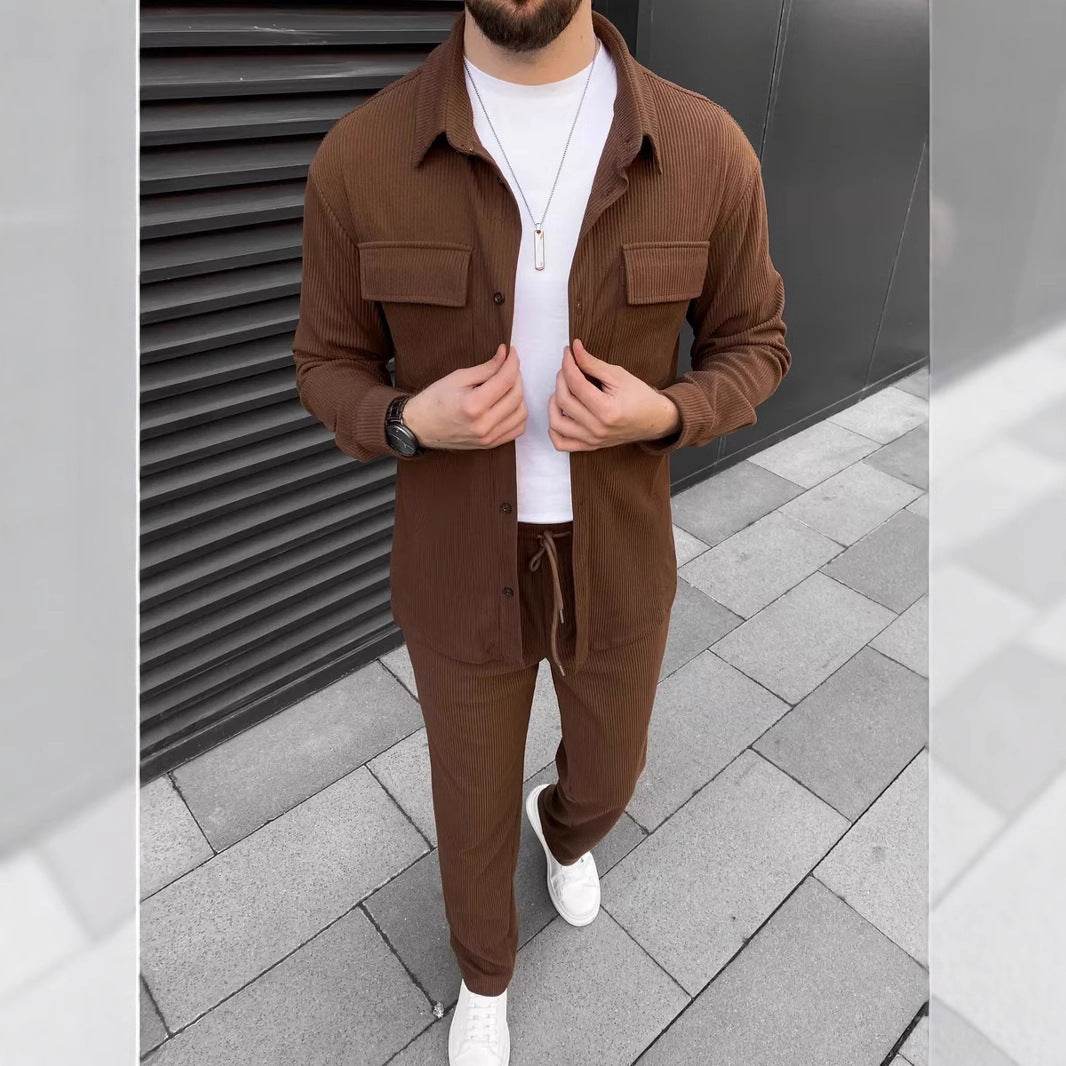 Men's Corduroy Long Sleeve Lapel Shirt Trousers Daily Casual Suit Dark Brown