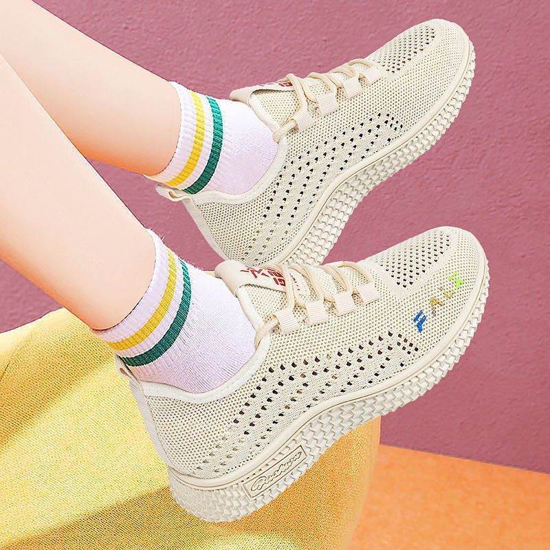 Flyknit Casual Sneaker Mesh Surface Platform Breathable Soft Sole Shoes Beige