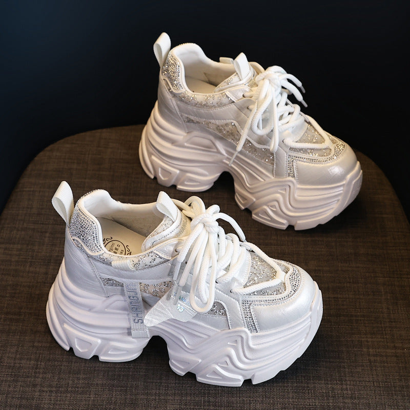 Height Increasing Insole Rhinestone Sequins Dad Shoes Women White