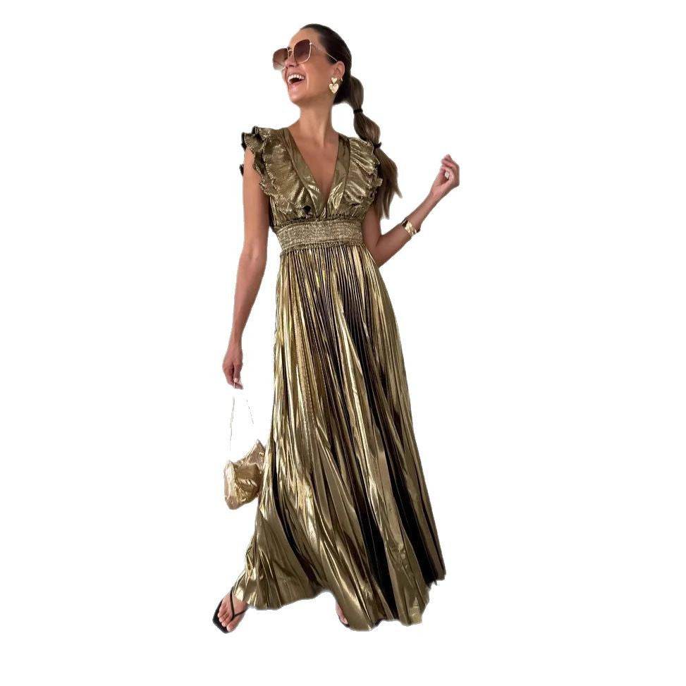 Summer New Women's Pleated Sexy V-neck Waist Dress