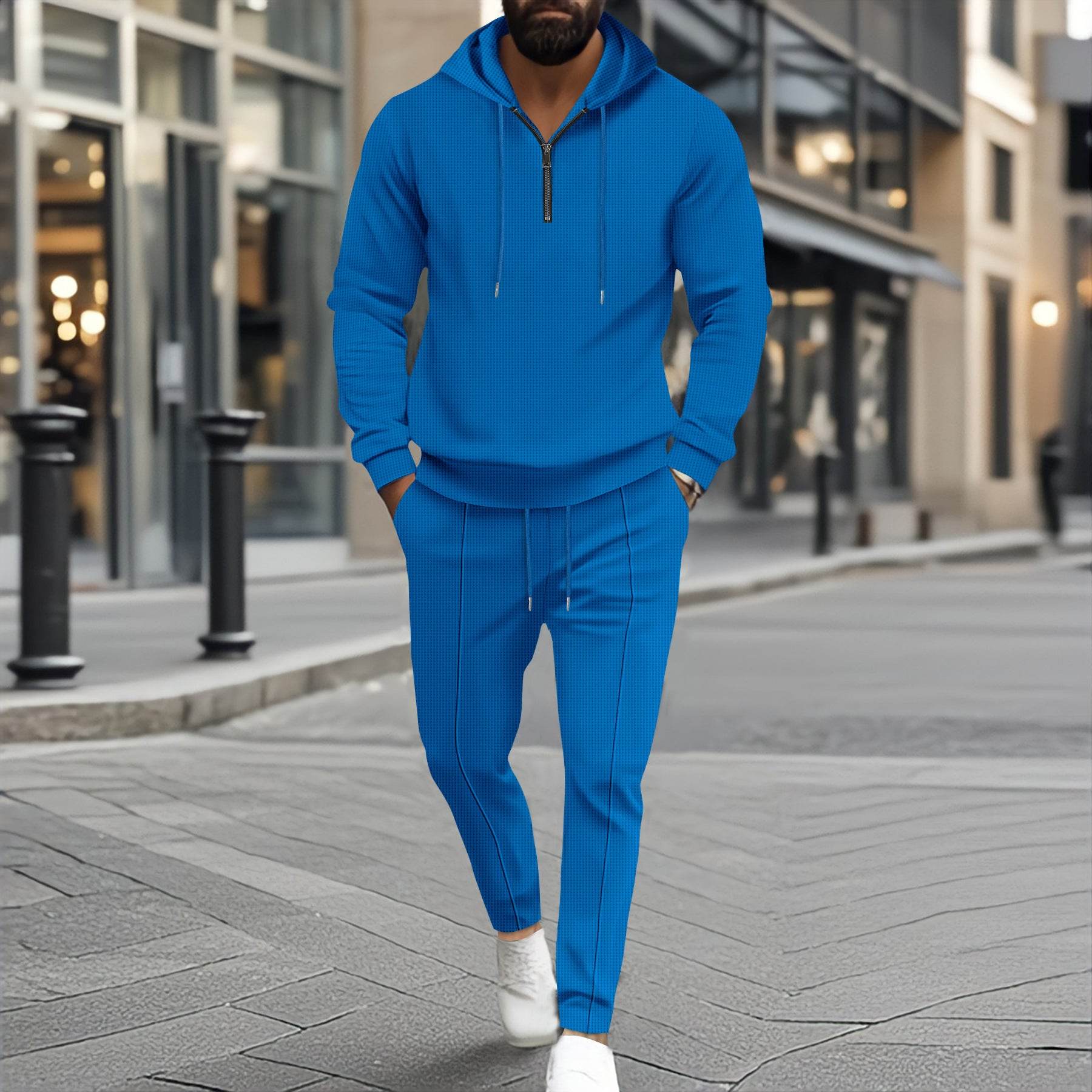 Waffle Hooded Small Zipper Casual Long Sleeve Pants Two-piece Suit