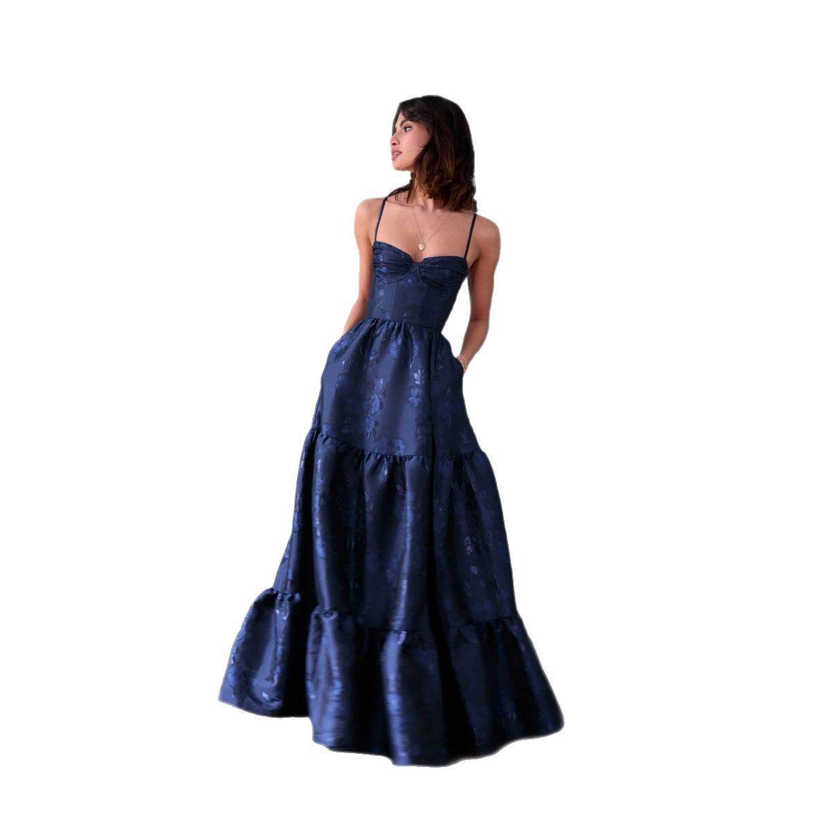 Lace-up Waist Mesh Jacquard Sling Dress Blue