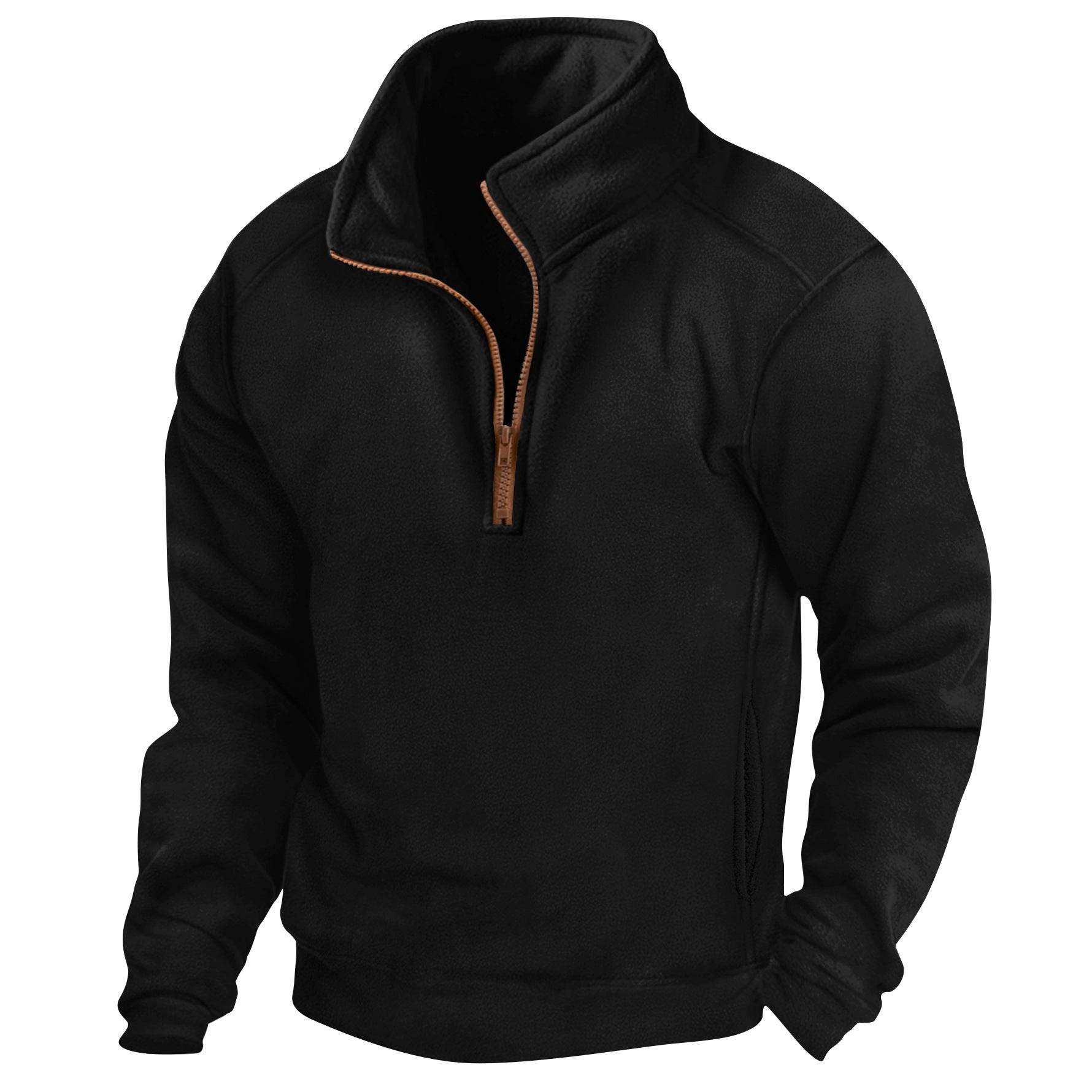 Men's Stand Collar Half Zip Long-sleeved Sweater Black