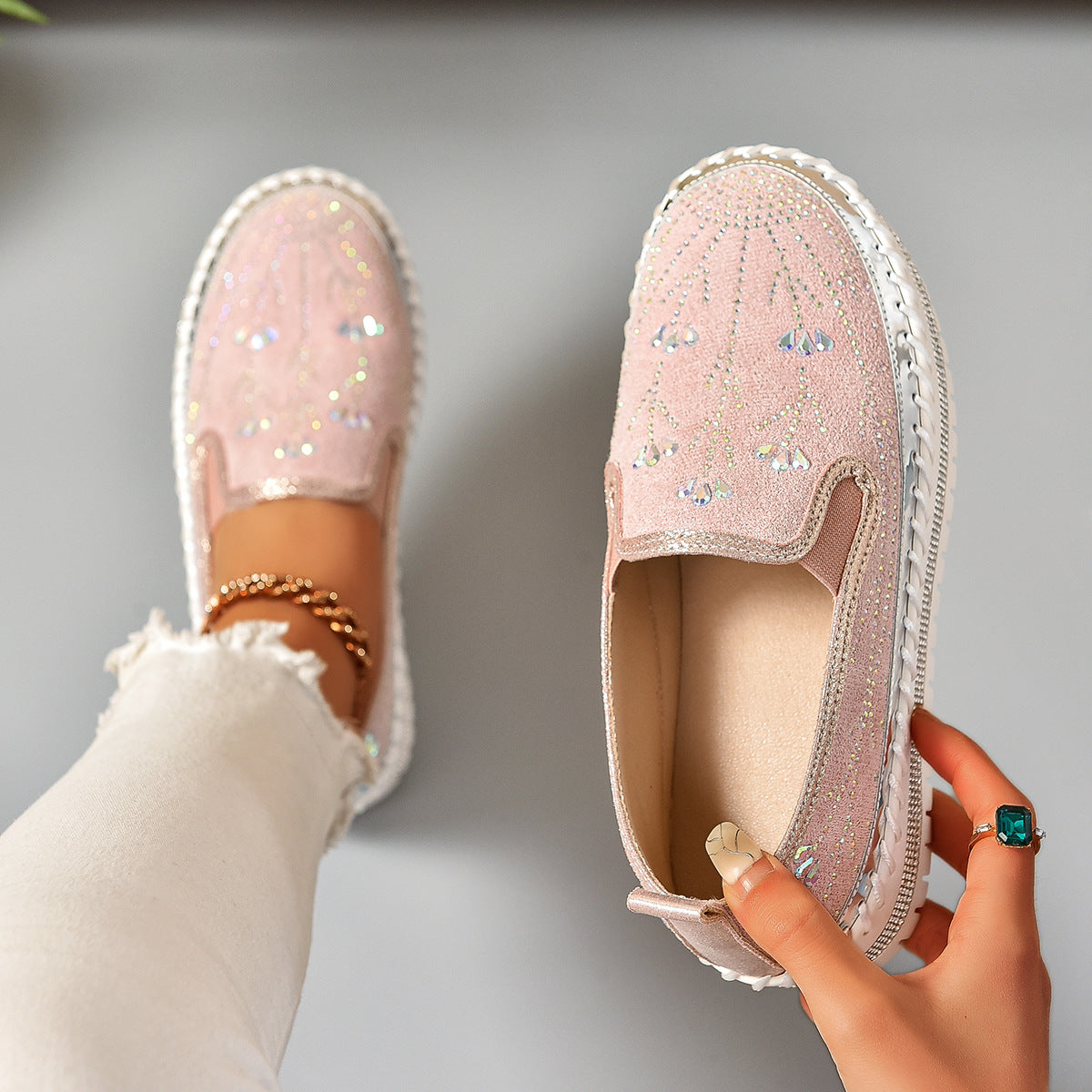 Casual Sneakers Slip-on Rhinestone Platform Thick Bottom Shoes Pink