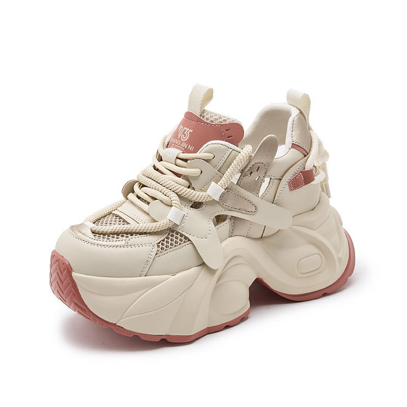 Mesh Surface Hollowed Casual Shoes Height Increasing Women Shoes Apricot