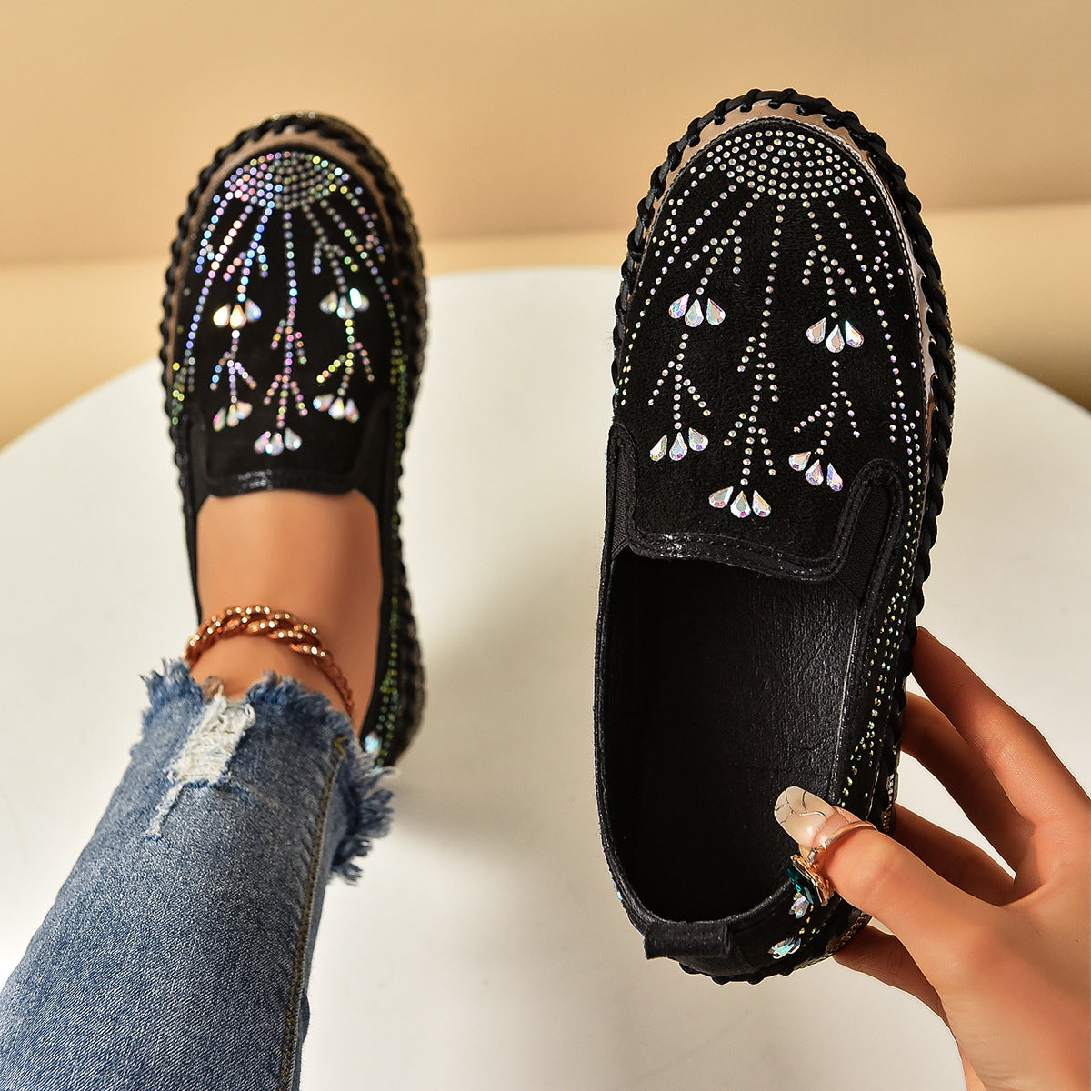 Casual Sneakers Slip-on Rhinestone Platform Thick Bottom Shoes Black