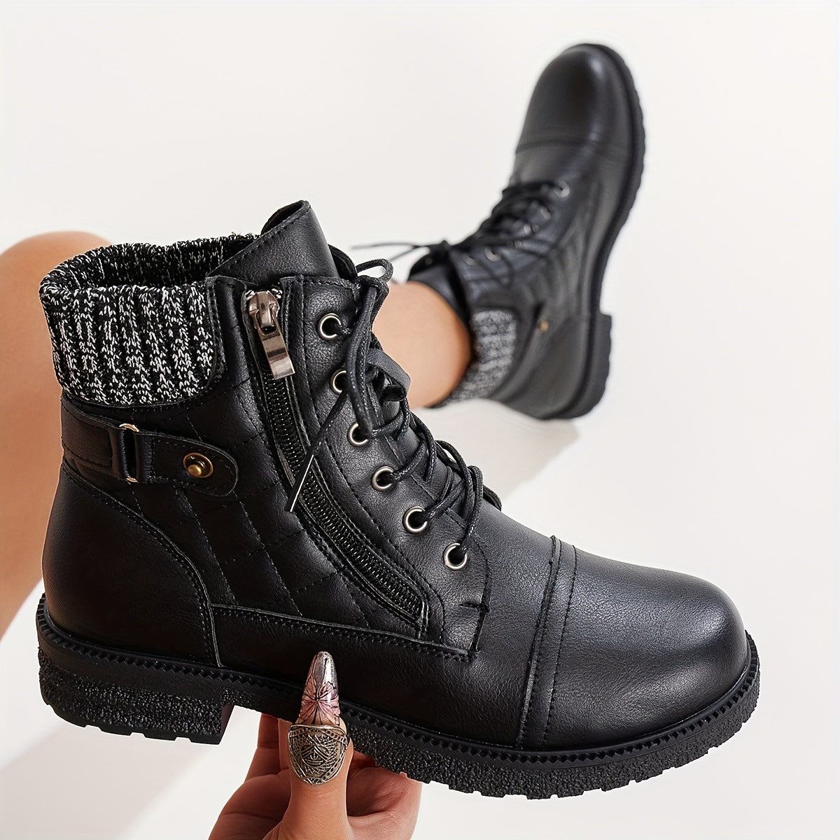 Women's Fashion Side Zipper Low Heel Ankle Boots Black