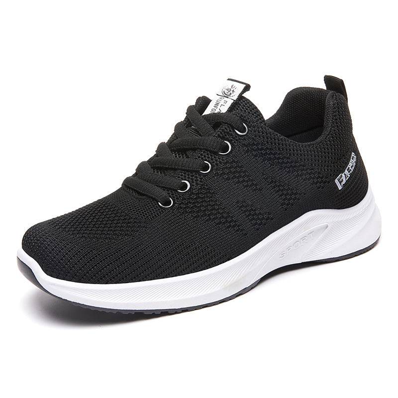 Breathable Fly Woven Mesh Running Shoes Women's Flat Soft Sole Sneakers Black