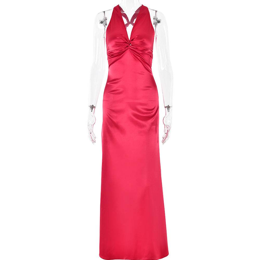Fashion Sexy V-neck Lace Up Backless Maxi Dress Slim Fit Satin Dress Red