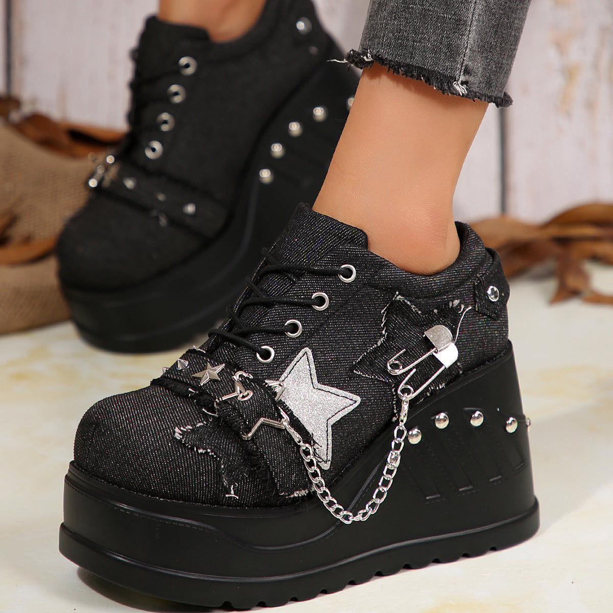 New Platform Increased Denim Plus Size Women's Shoes Black