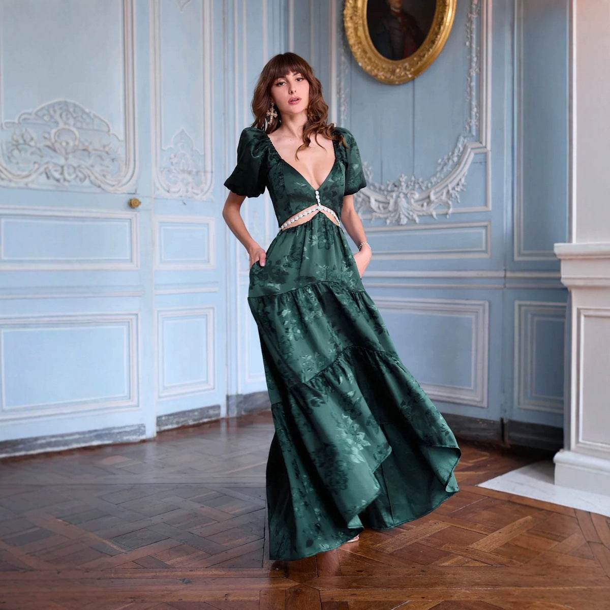 Women's Multi-section Diamond Beads Stitching Elegant Dress Green