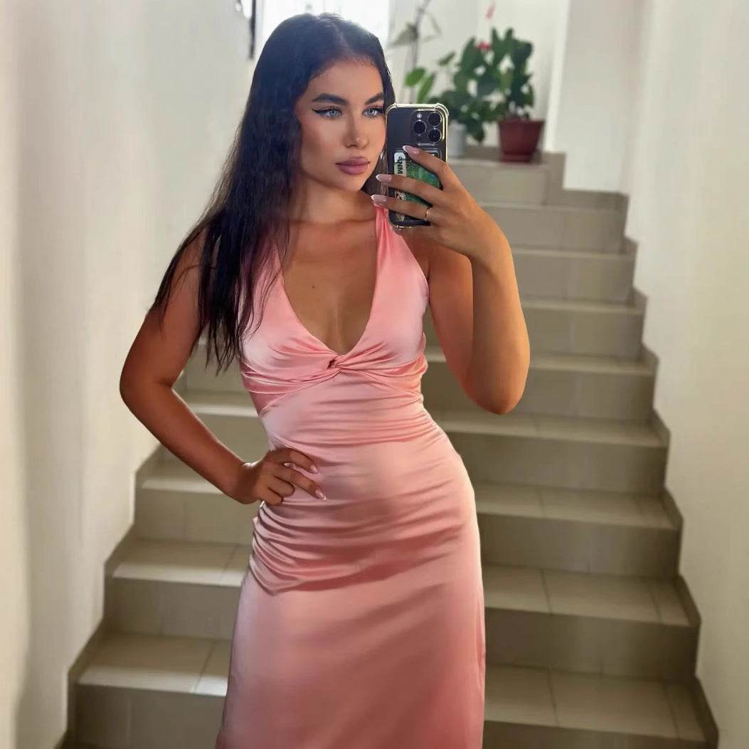 Fashion Sexy V-neck Lace Up Backless Maxi Dress Slim Fit Satin Dress