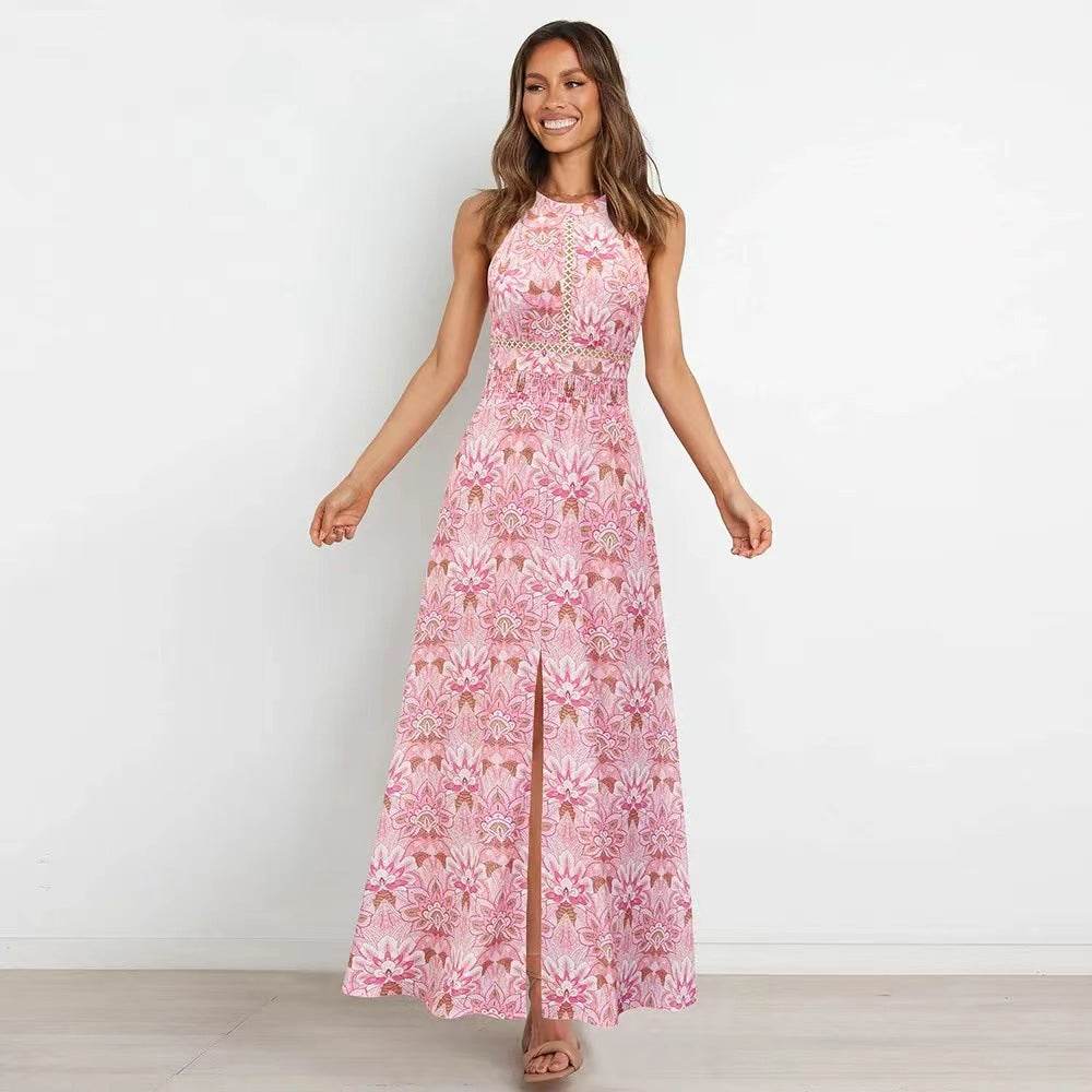 Summer Printed Round Neck Sleeveless Dress Halter Long Pink