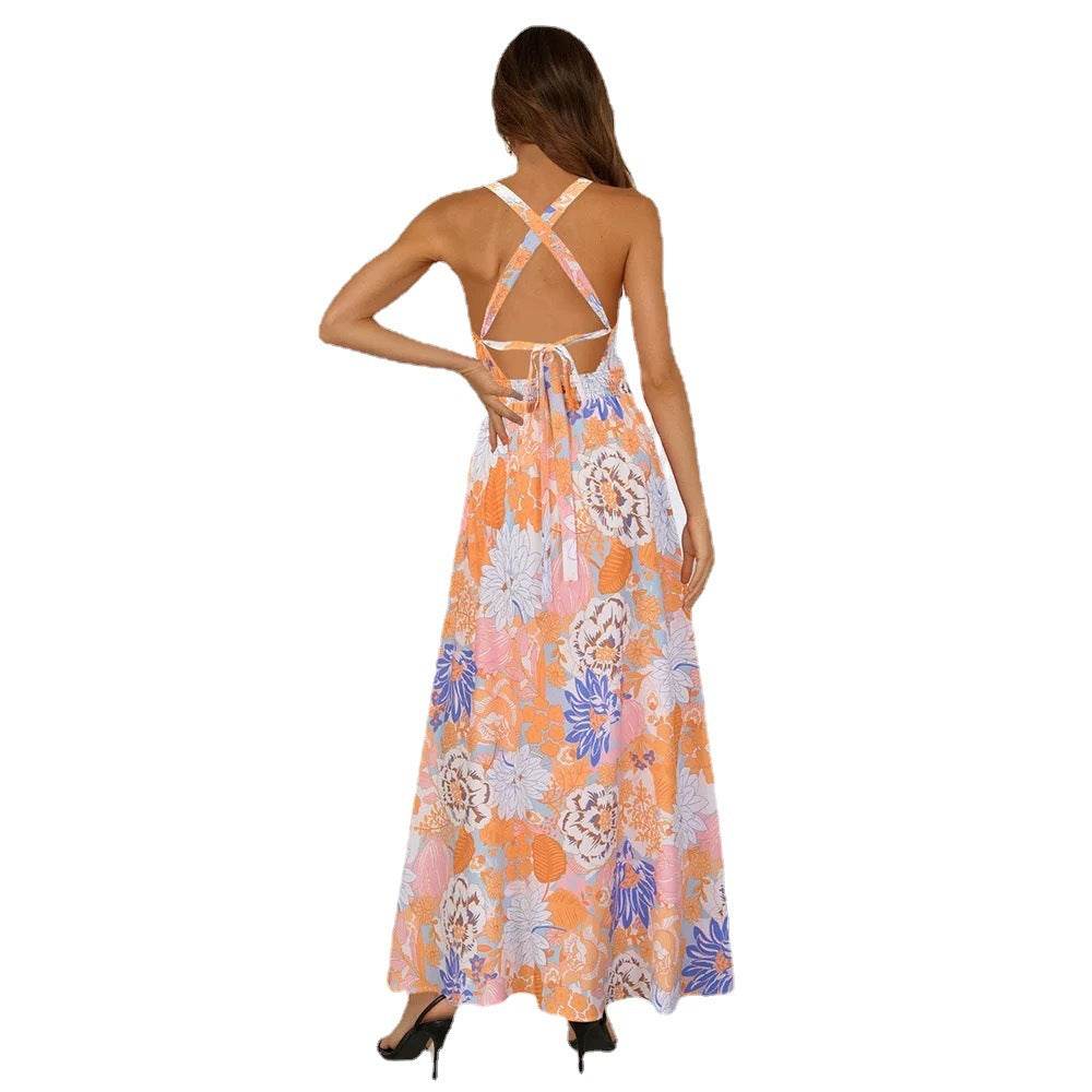 Summer Printed Round Neck Sleeveless Dress Halter Long