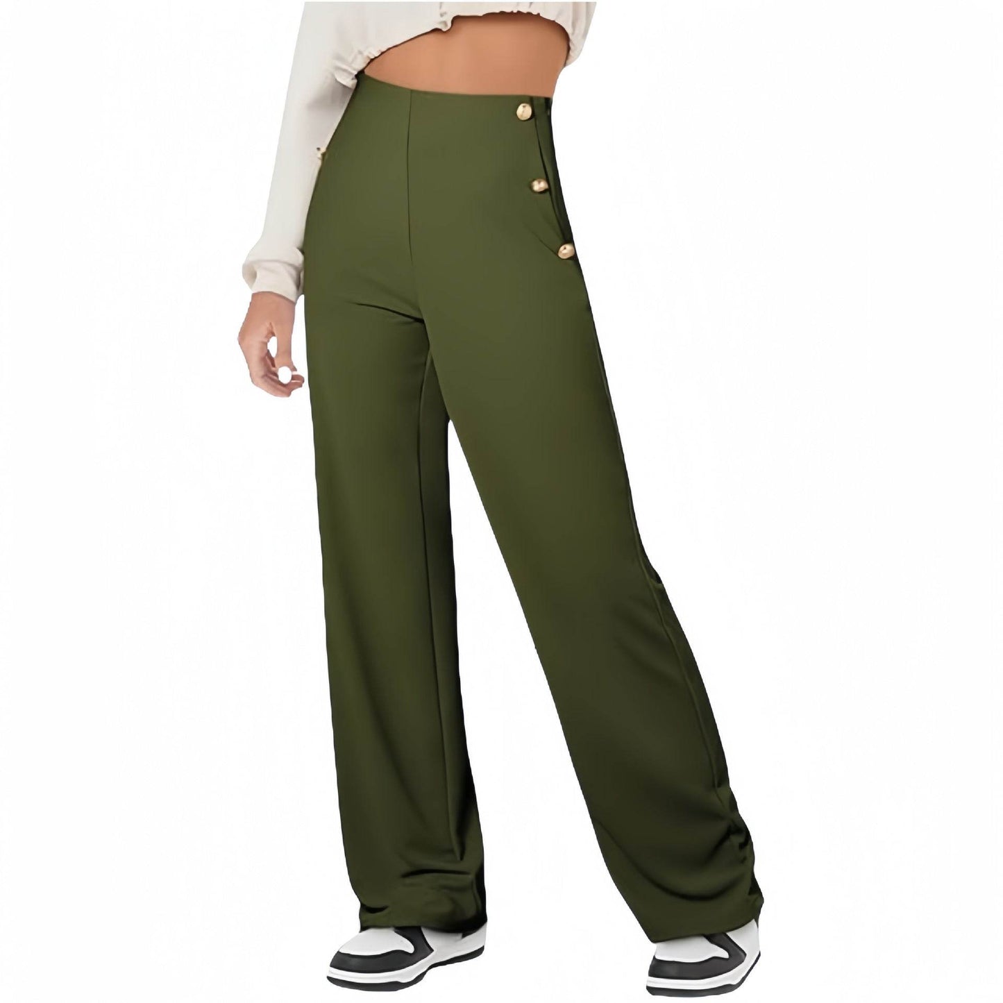 Women's Casual Straight Pants High Waist Button Army Green