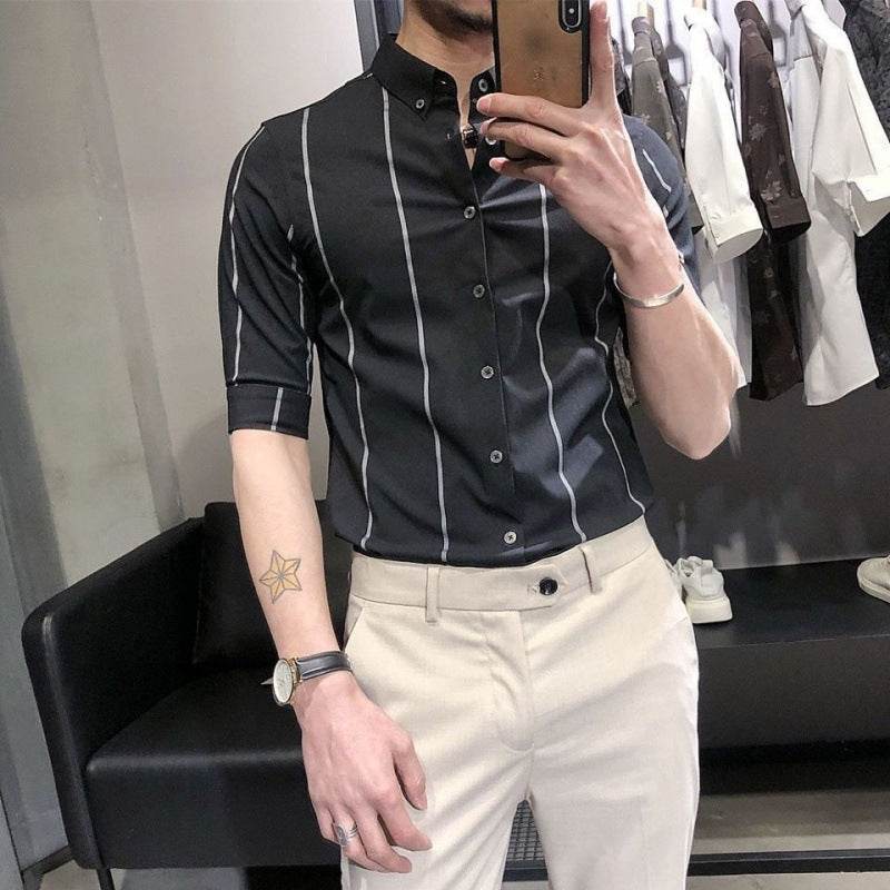 Men's Striped British-style Slim-fit Short-sleeved Shirt Black Half Sleeve