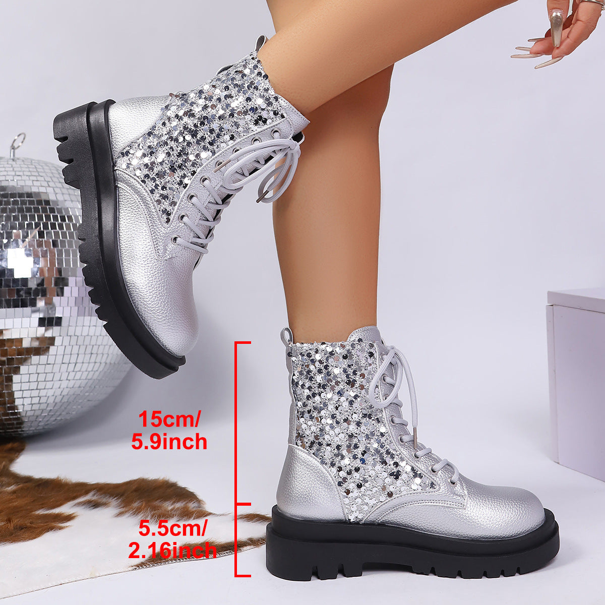 Leather Martin Boots Round Head Thick Bottom Silver Paillette