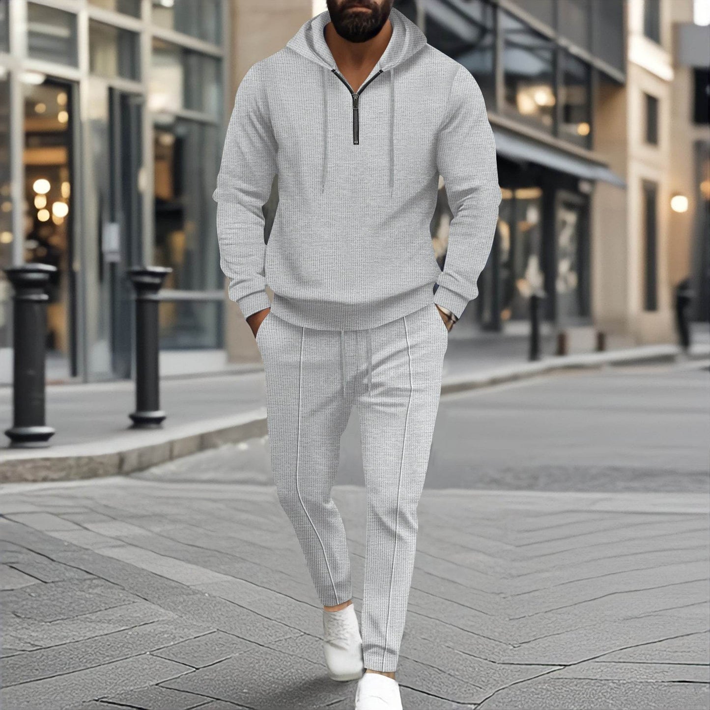 Waffle Hooded Small Zipper Casual Long Sleeve Pants Two-piece Suit Gray