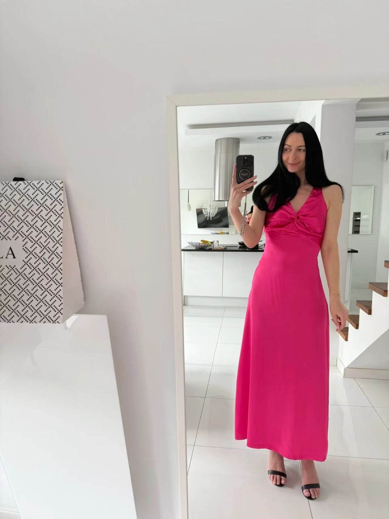 Fashion Sexy V-neck Lace Up Backless Maxi Dress Slim Fit Satin Dress Rose Red