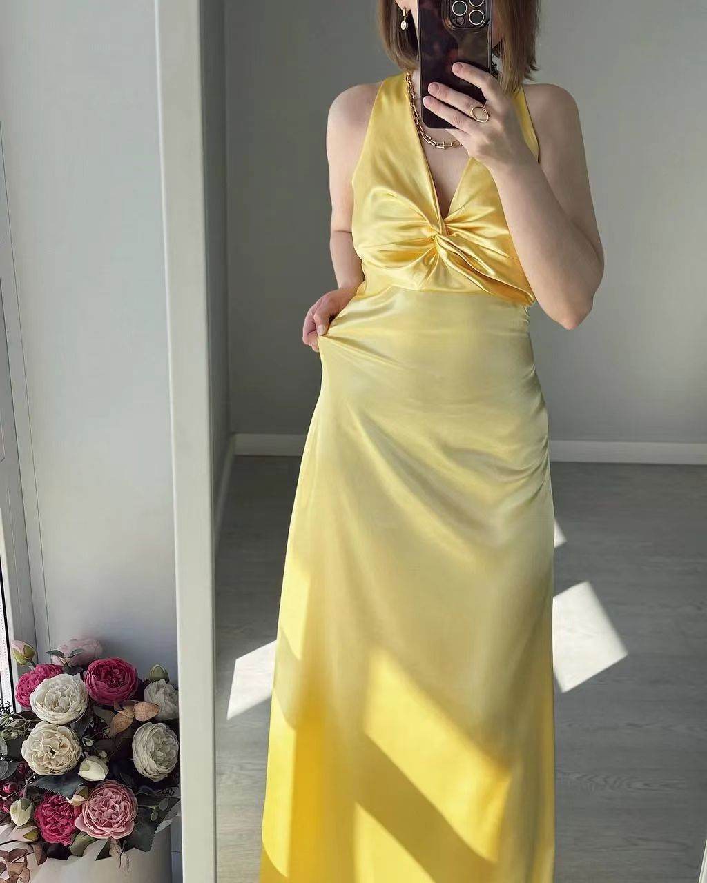 Fashion Sexy V-neck Lace Up Backless Maxi Dress Slim Fit Satin Dress Yellow
