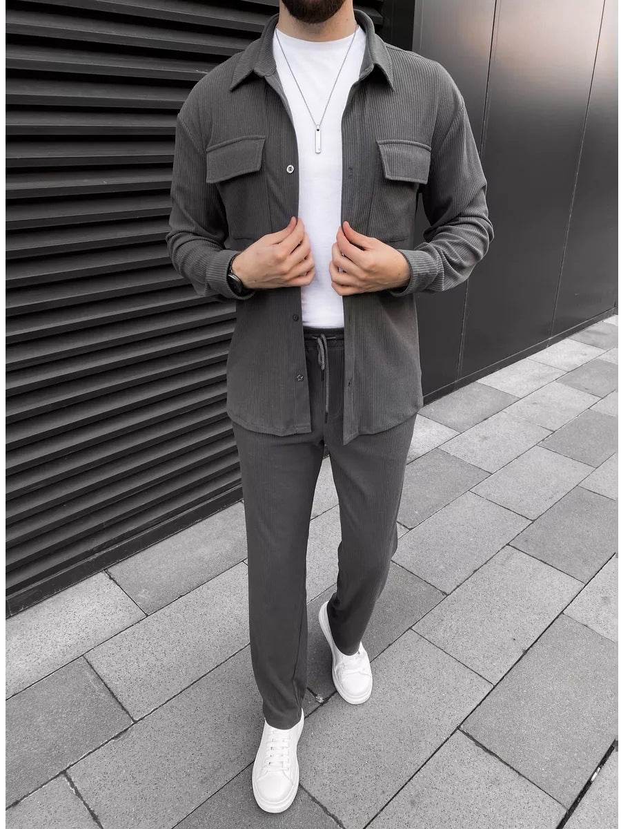 Men's Corduroy Long Sleeve Lapel Shirt Trousers Daily Casual Suit Gray