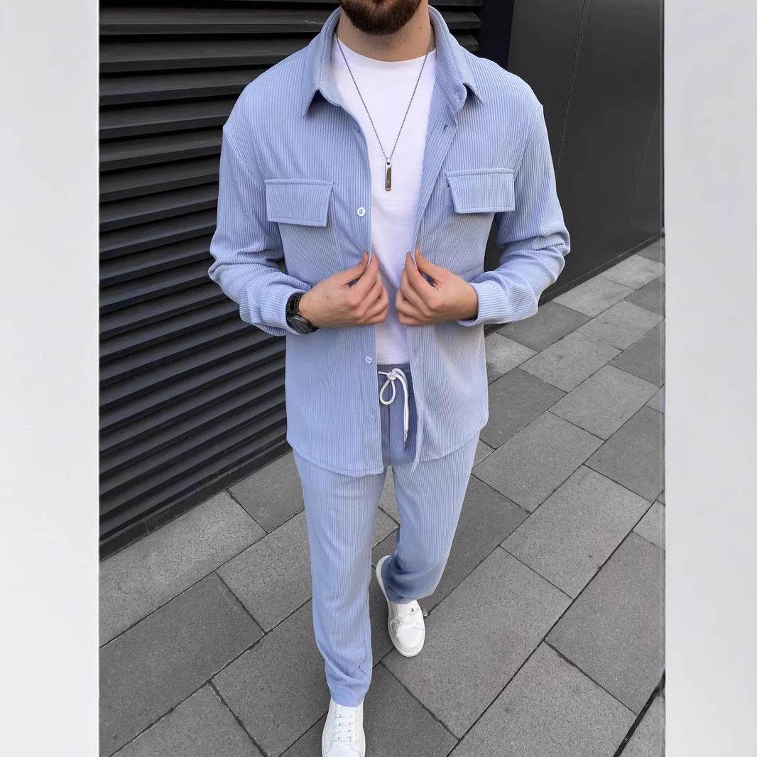 Men's Corduroy Long Sleeve Lapel Shirt Trousers Daily Casual Suit Lavender Purple