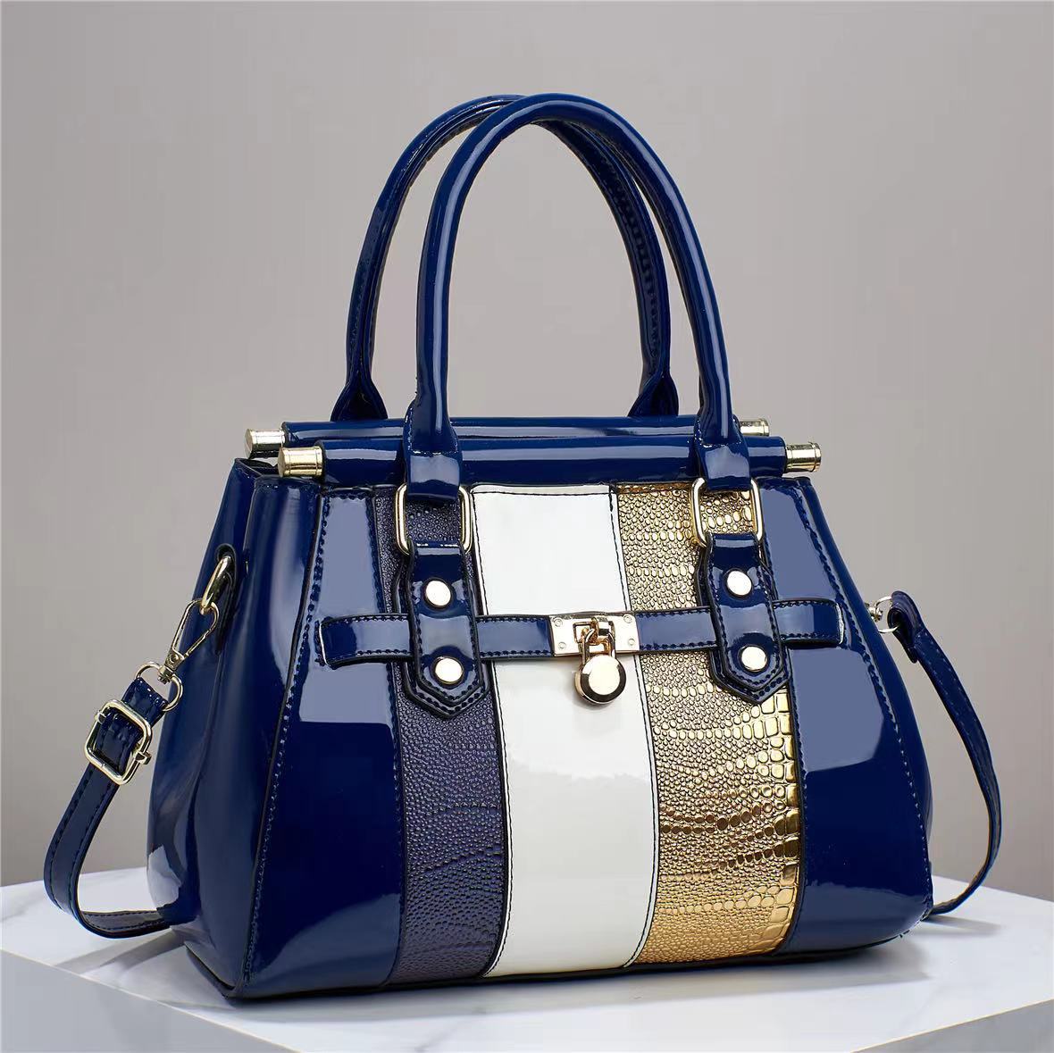 Vertical Stitching Bright Leather Lizard Pattern Large Capacity Shoulder Bag Blue