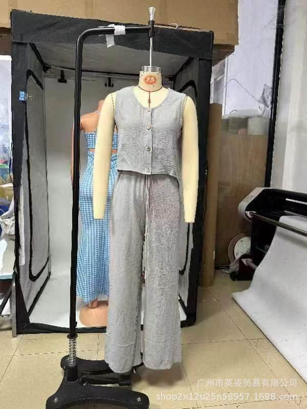 Elegant Women's Suit V-neck Vest Loose Wide Leg Pants Gray