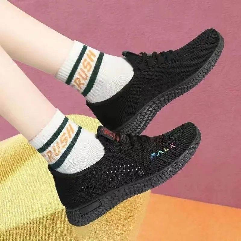 Flyknit Casual Sneaker Mesh Surface Platform Breathable Soft Sole Shoes Black