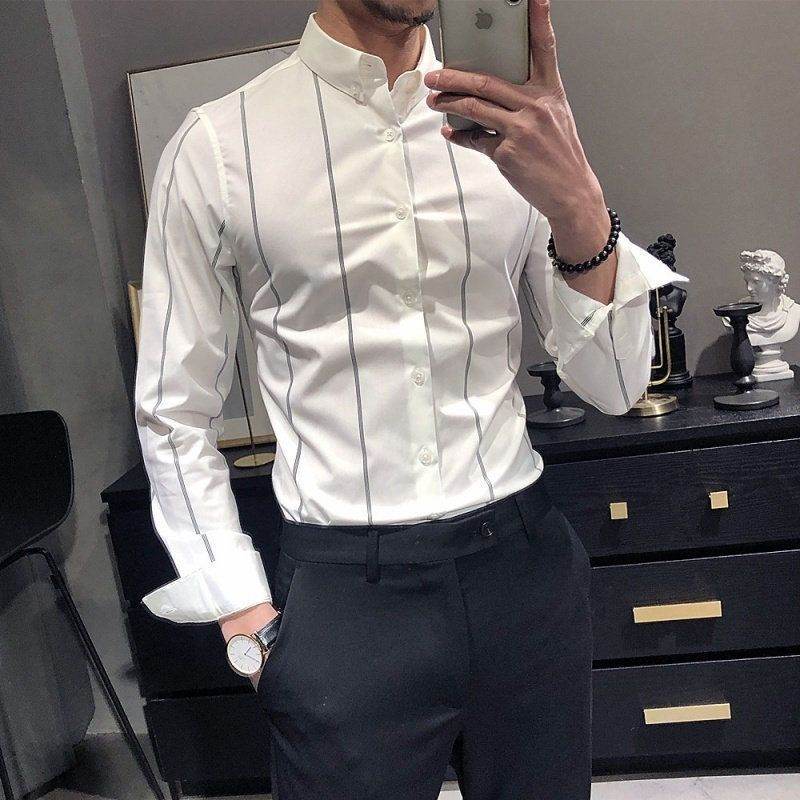 Men's Striped British-style Slim-fit Short-sleeved Shirt White Long Sleeve