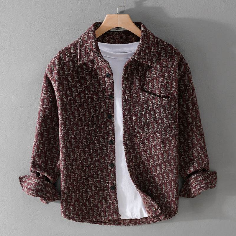 Men's Brushed Thickened Long-sleeved Casual Loose Shirt Jacket Wine Red