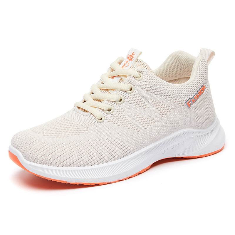 Breathable Fly Woven Mesh Running Shoes Women's Flat Soft Sole Sneakers Beige