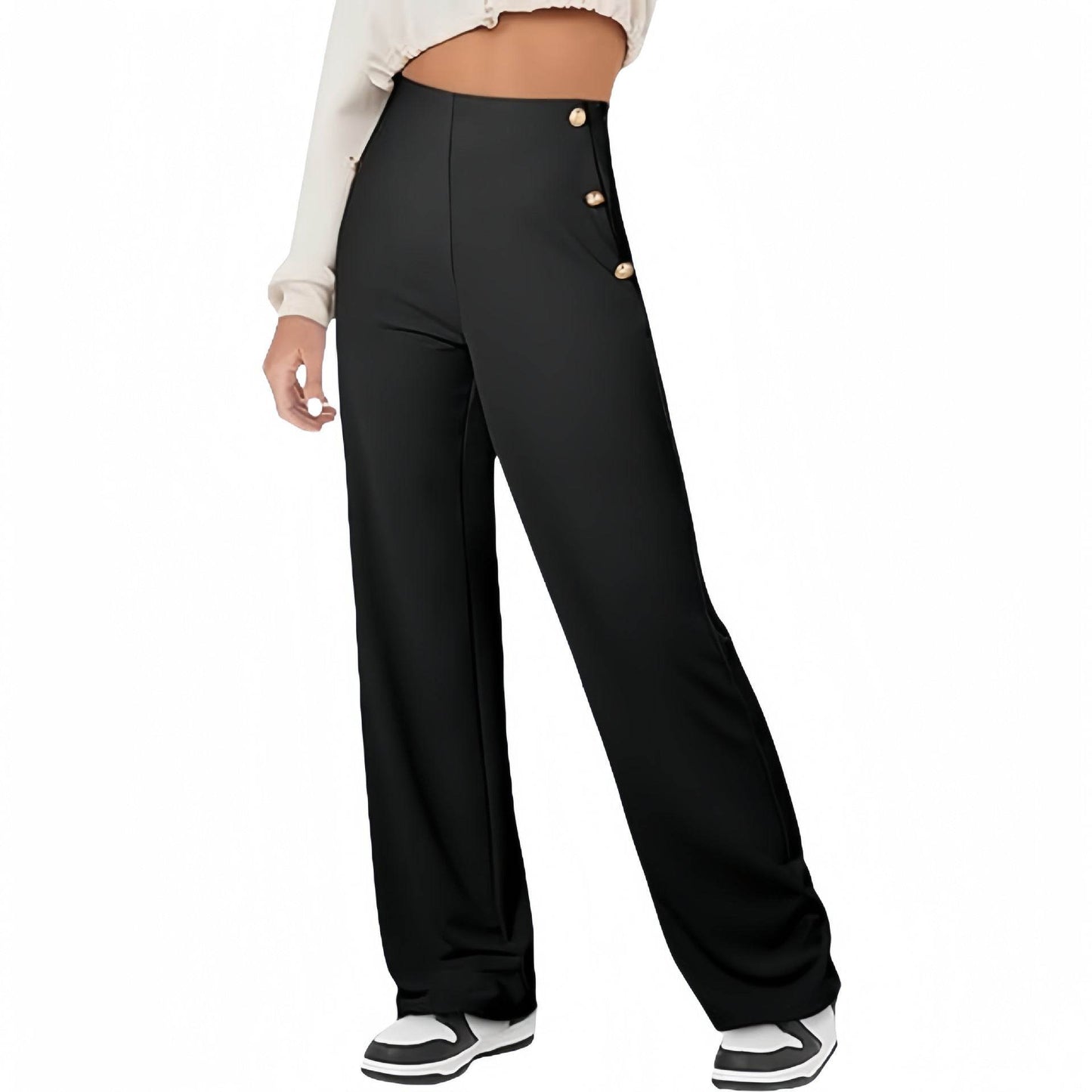 Women's Casual Straight Pants High Waist Button Black