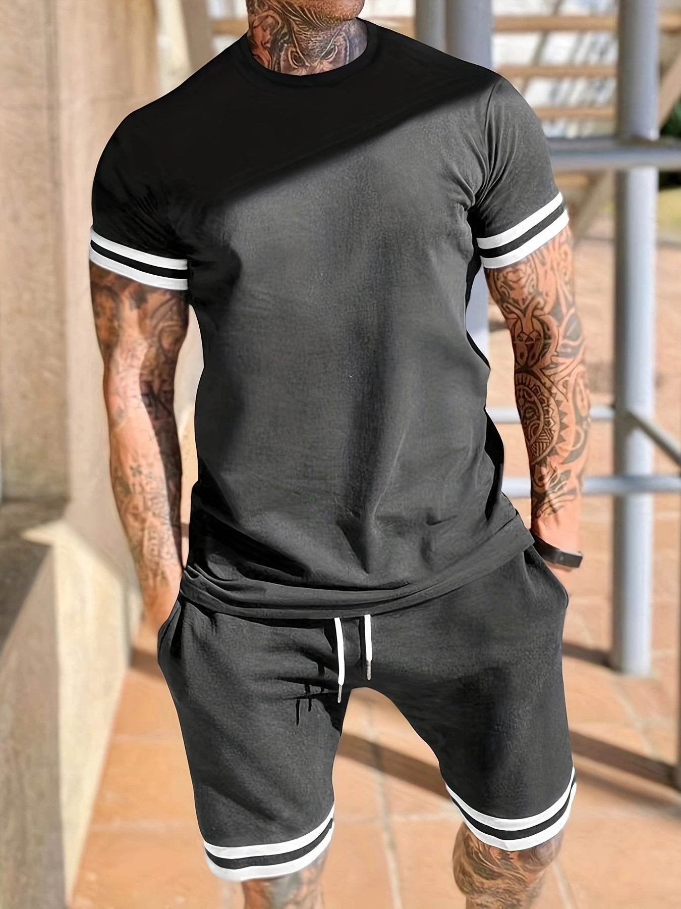 Men's Short-sleeved T-shirt Casual Shorts Two-piece Set Dark Gray