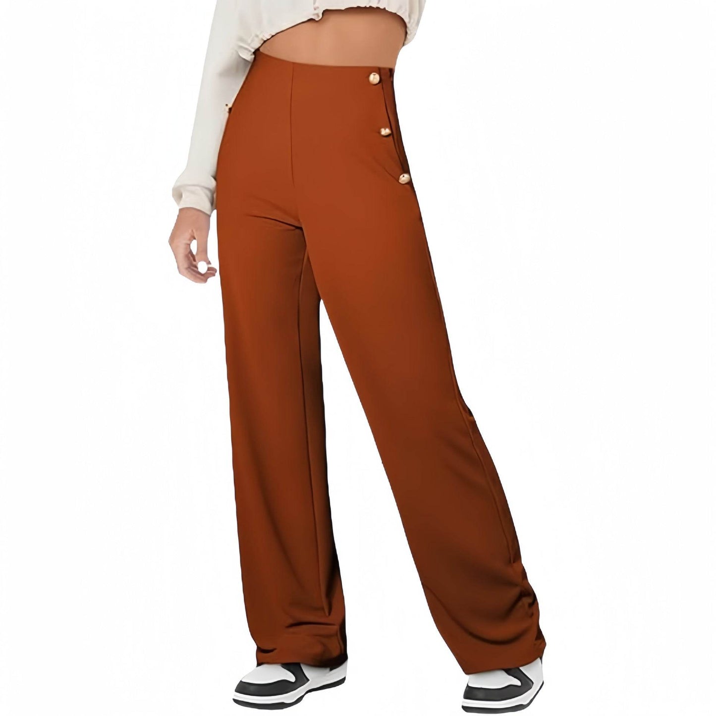 Women's Casual Straight Pants High Waist Button Brick Red