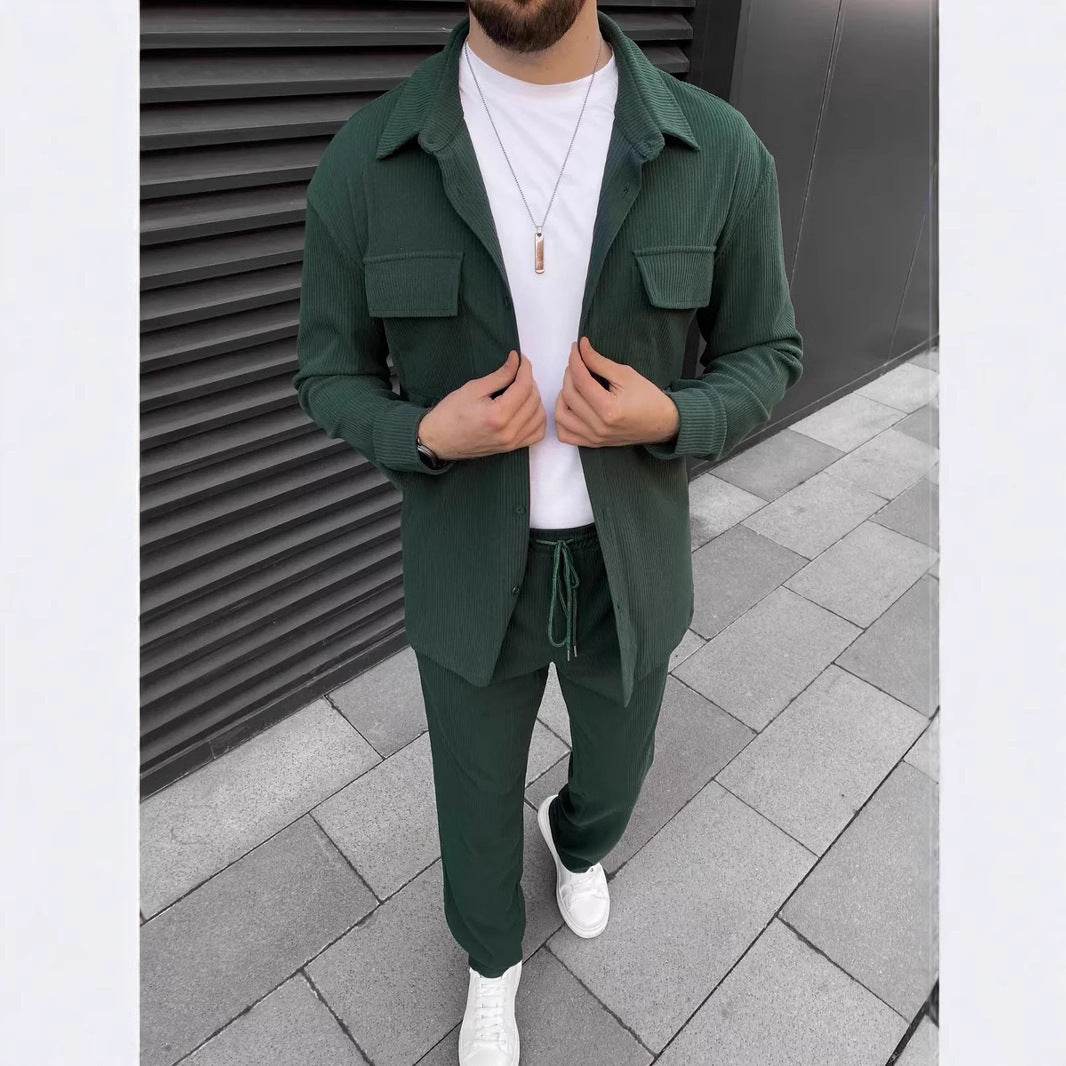 Men's Corduroy Long Sleeve Lapel Shirt Trousers Daily Casual Suit Dark Green