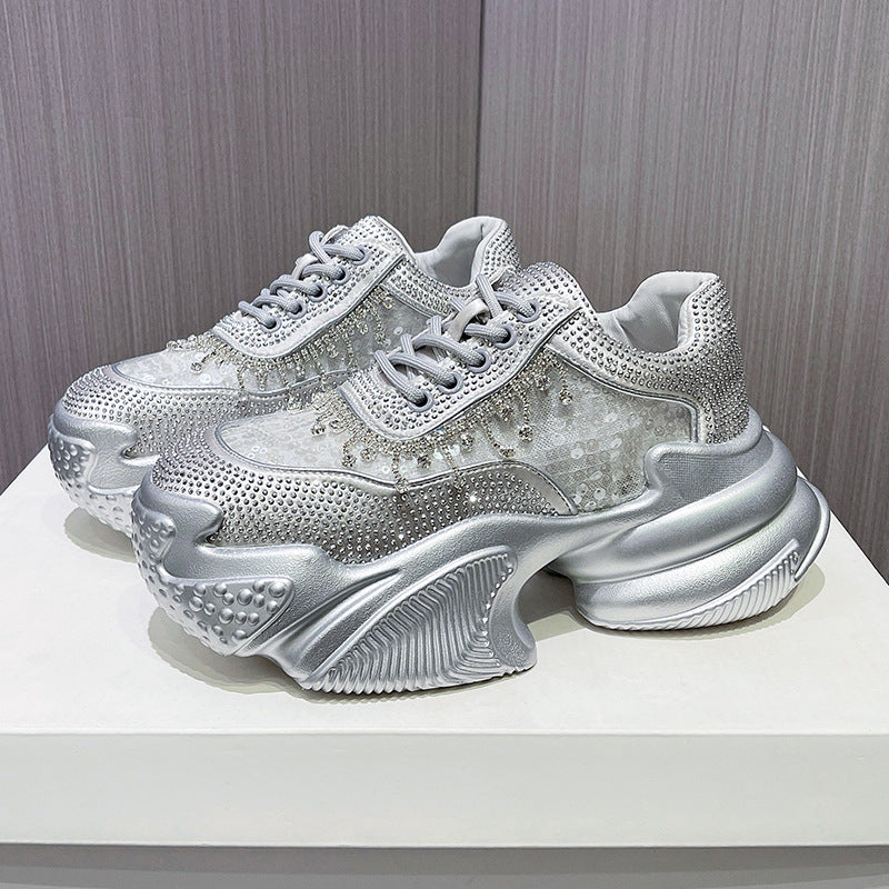 Rhinestone Shoes Female Sequin Platform Sneaker Silver