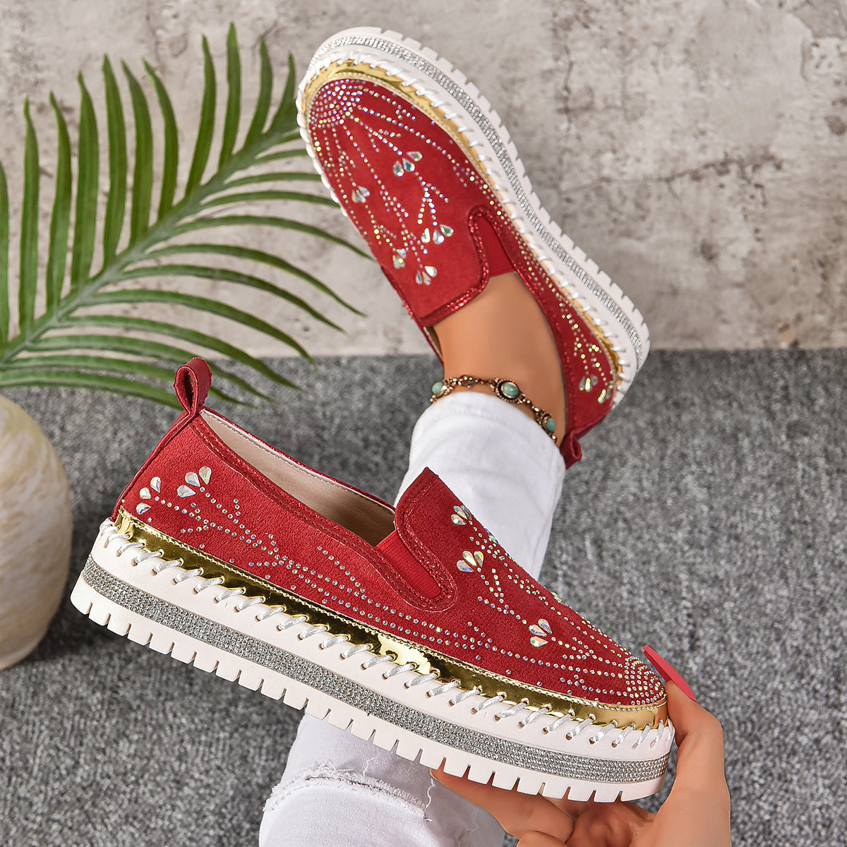 Casual Sneakers Slip-on Rhinestone Platform Thick Bottom Shoes Red