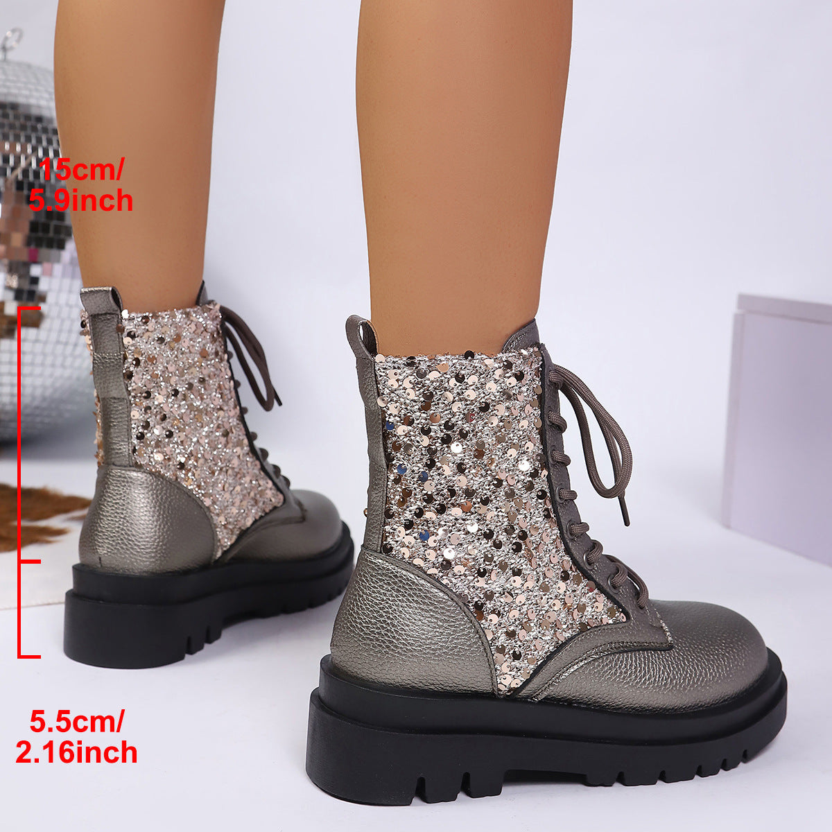 Leather Martin Boots Round Head Thick Bottom Gun Color Sequins