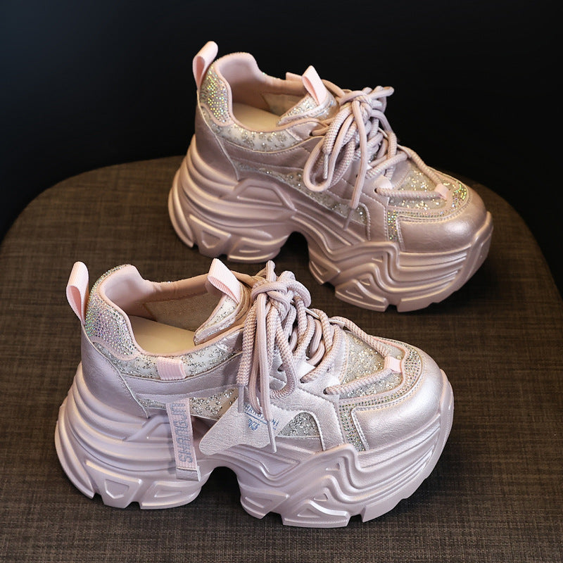 Height Increasing Insole Rhinestone Sequins Dad Shoes Women Pink